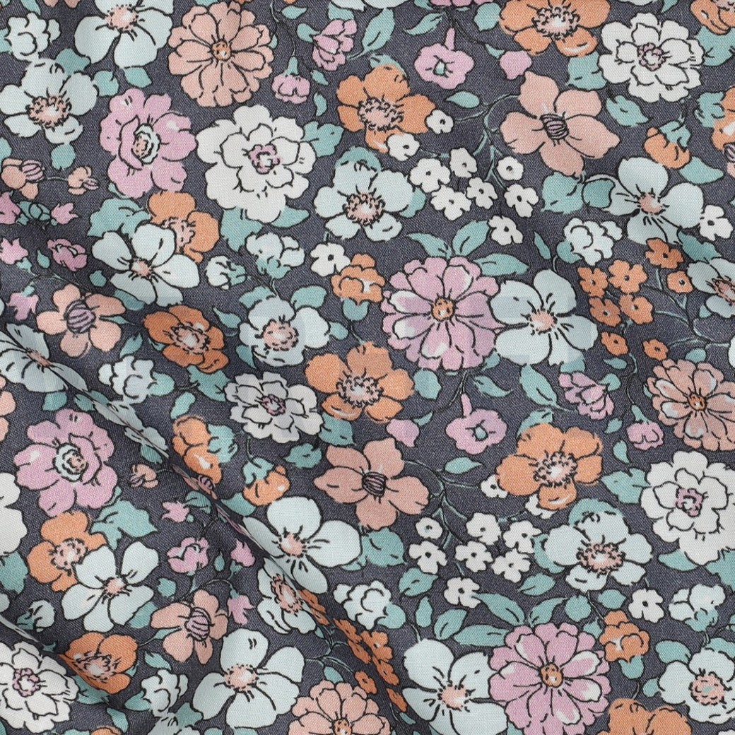 FINE POPLIN GOTS FLOWERS NAVY #2