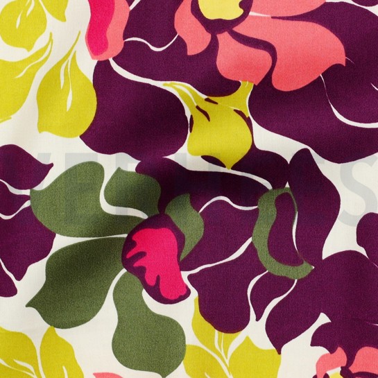 KATOEN SATIJN ABSTRACTE BLOEMEN DONKERPAARS / ZALM #7
