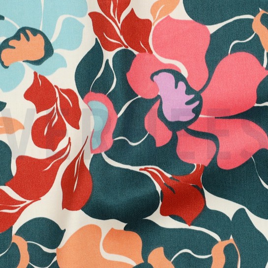 KATOEN SATIJN ABSTRACTE BLOEMEN DONKERGROEN / PERZIK #7