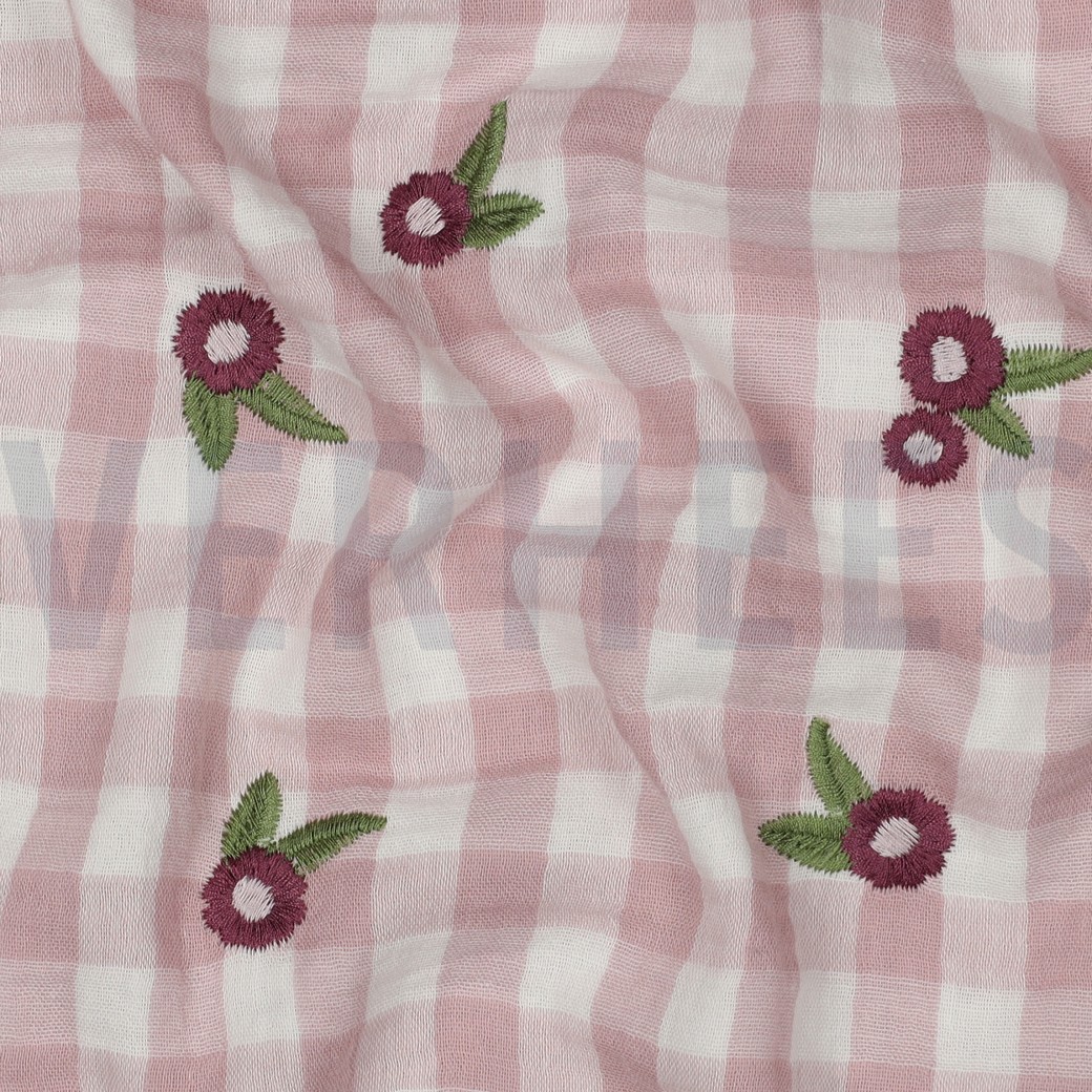 DOUBLE GAUZE CHECKS EMBROIDERY FLOWERS MAUVE #2