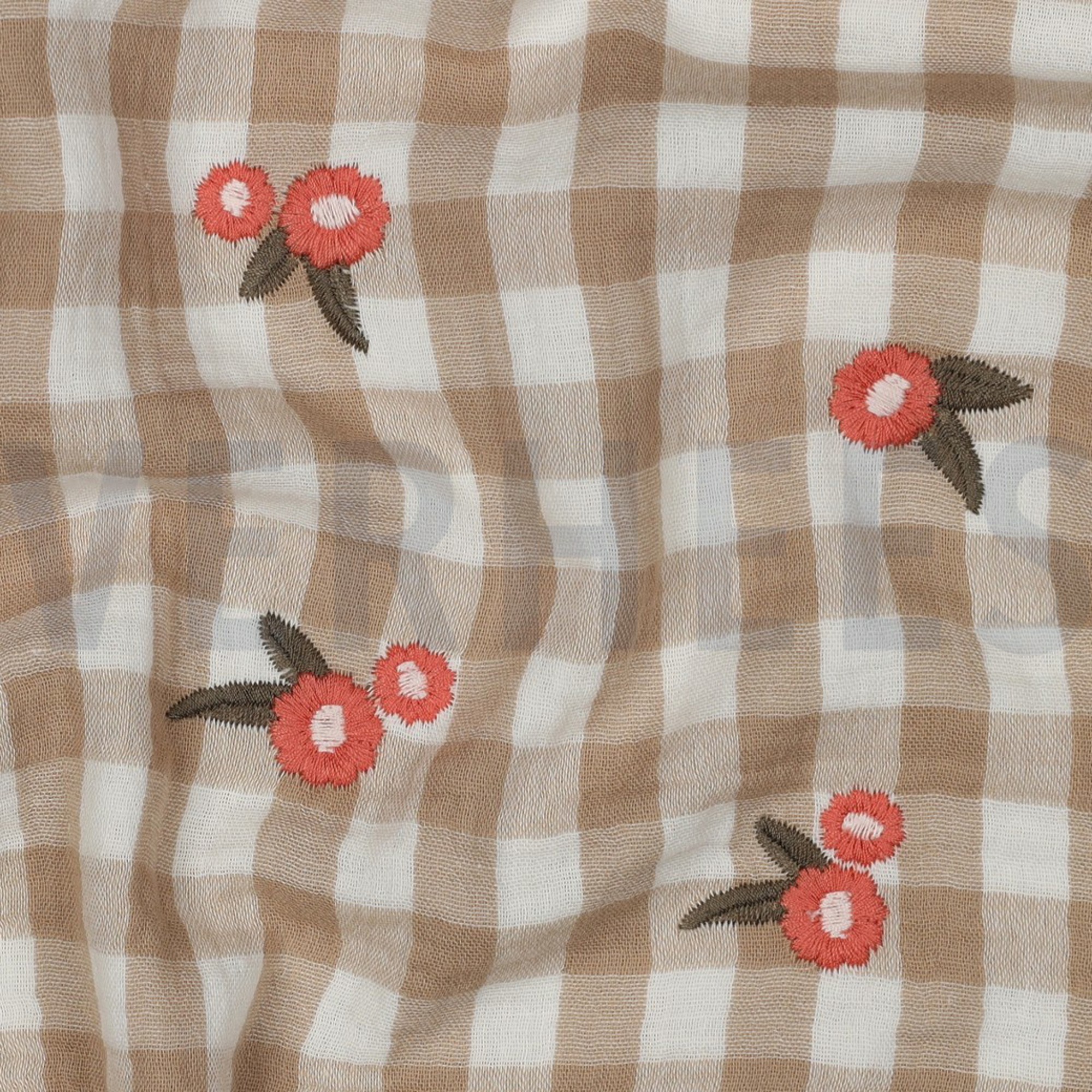 DOUBLE GAUZE CHECKS EMBROIDERY FLOWERS BEIGE (high resolution) #2