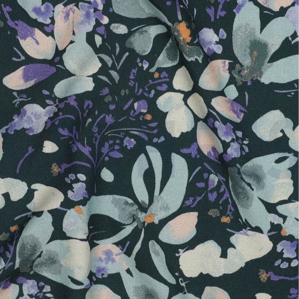 VISCOSE POPLIN STRETCH DIGITAL FLOWERS PETROL #2