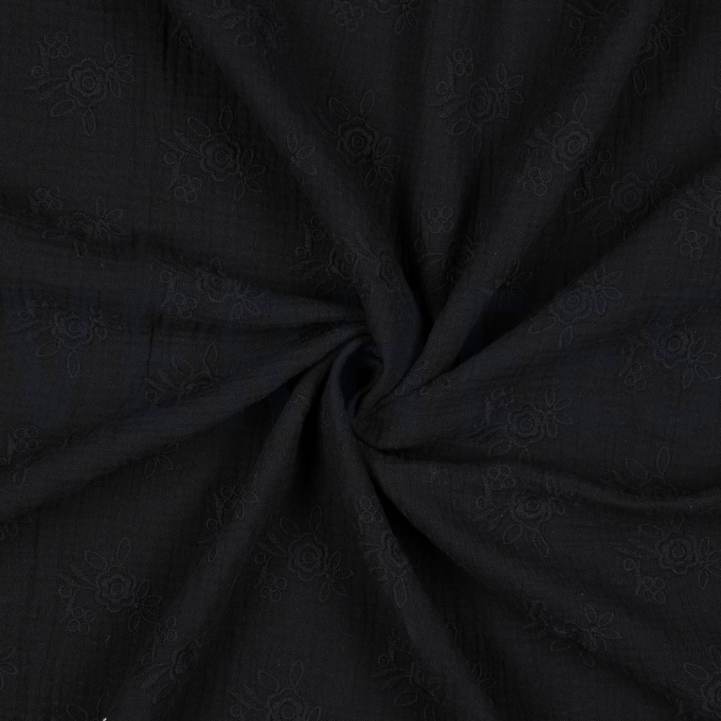 DOUBLE GAUZE EMBROIDERY FLOWERS BLACK #2