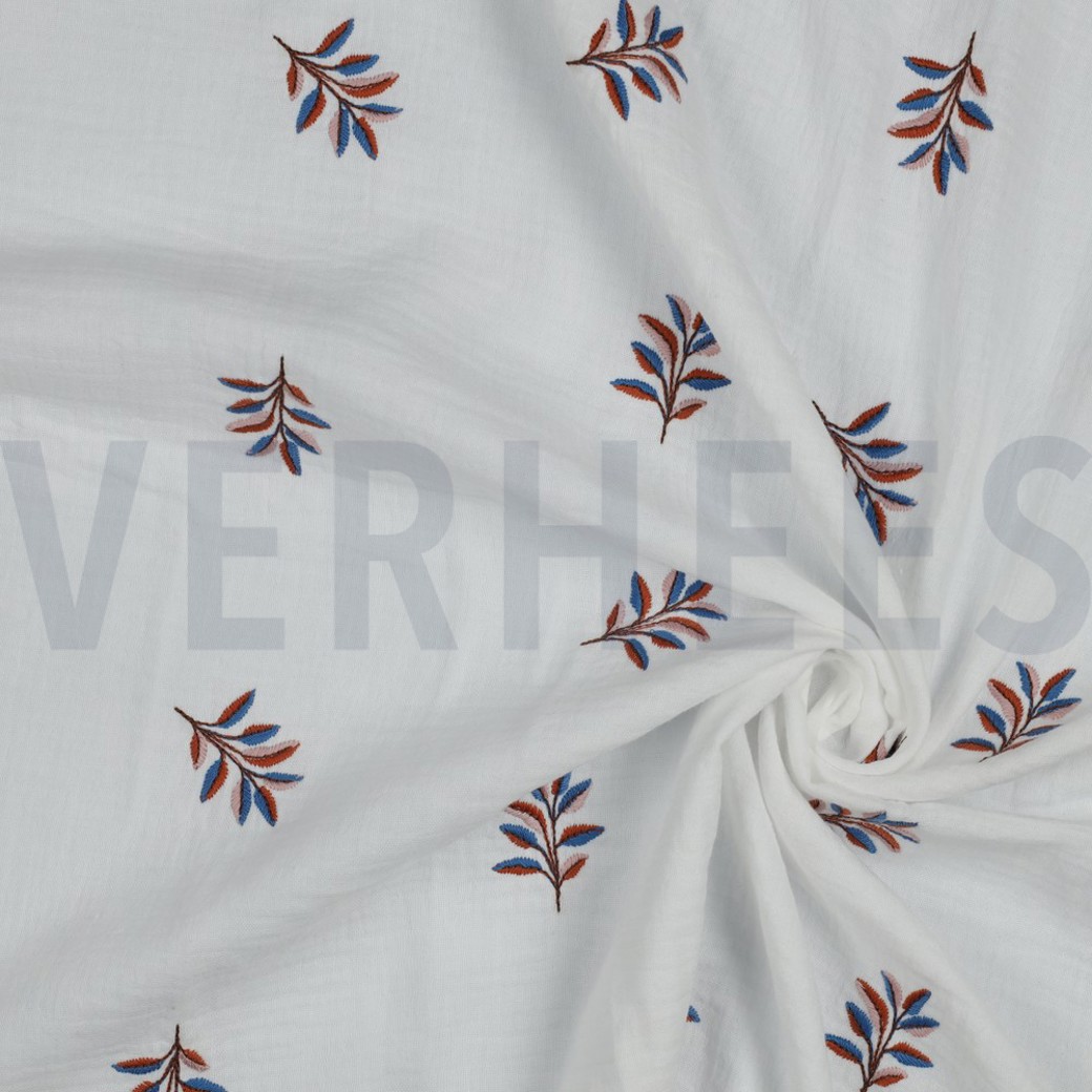 DOUBLE GAUZE EMBROIDERY LEAVES WHITE #2