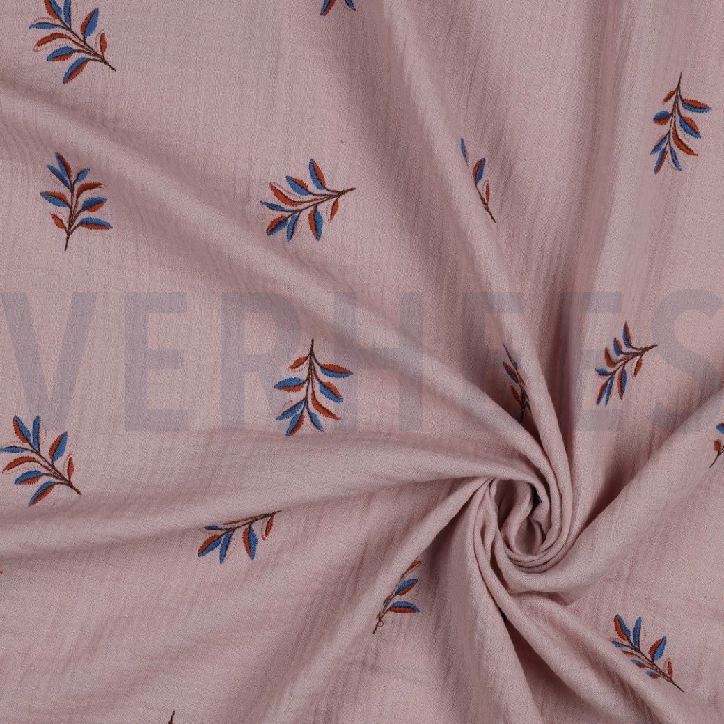 DOUBLE GAUZE EMBROIDERY LEAVES LILAC #2