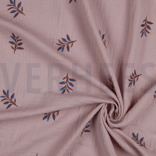 DOUBLE GAZE DE COTON BRODERIE FEUILLES LILAS #7