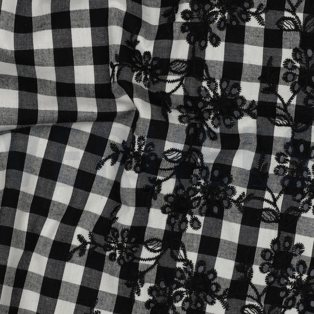 COTTON CHECKS ONE-SIDE BORDER ONE-SIDE SCALLOP BLACK / WHITE #2