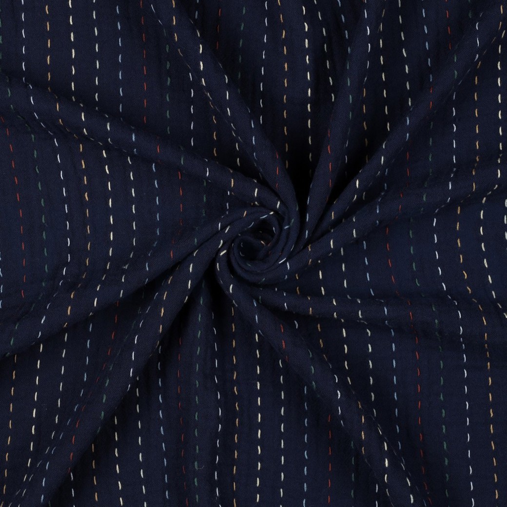 DOUBLE GAUZE EMBROIDERY STRIPES DARK BLUE #2