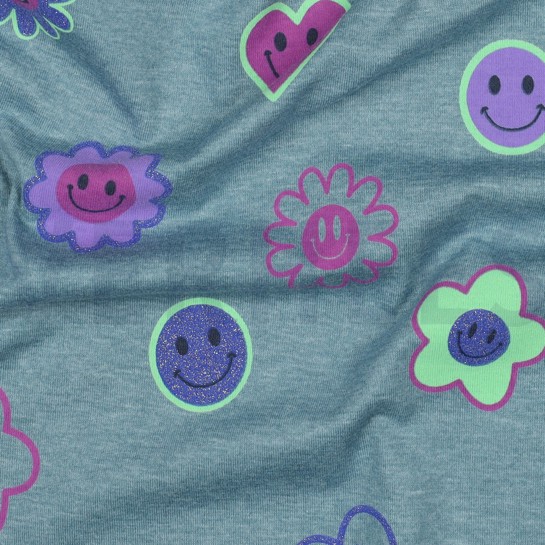 JERSEY MELANGE GLITTER SMILEYS ROOKBLAUW #7