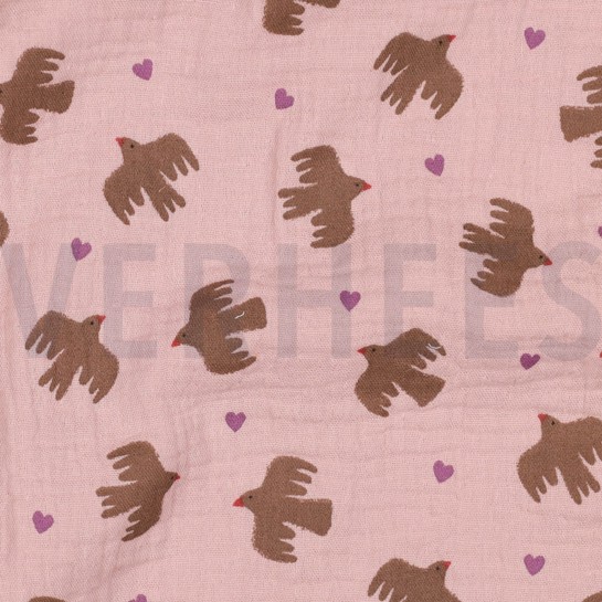 DOUBLE GAUZE GOTS BIRDS SOFT ROSE #7