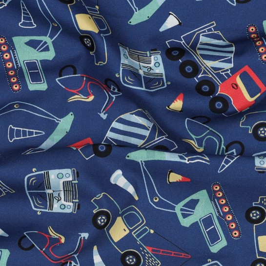 BAUMWOLLE POPELINE ARBEITSFAHRZEUGE BLAU #7