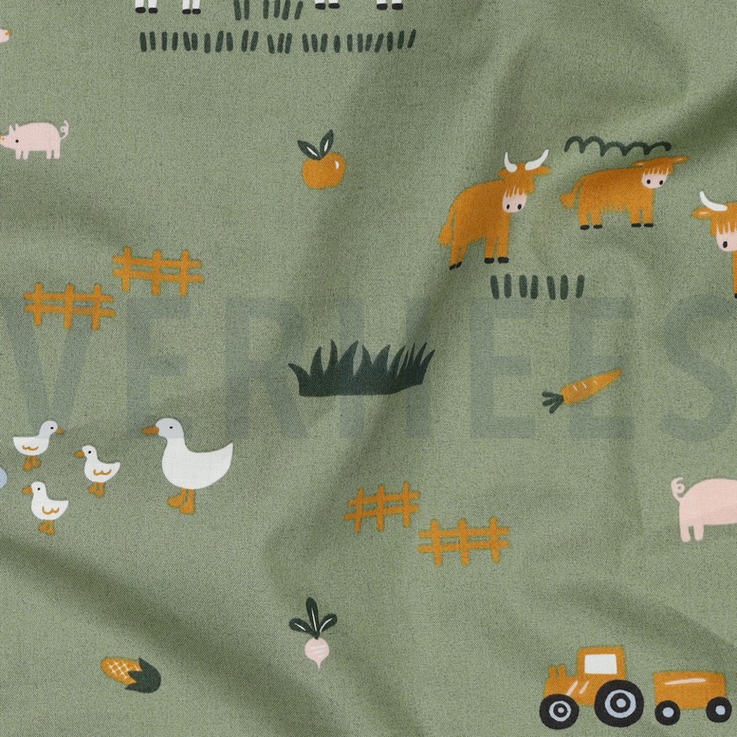 FINE POPLIN FARM ANIMALS ARMY GREEN #2