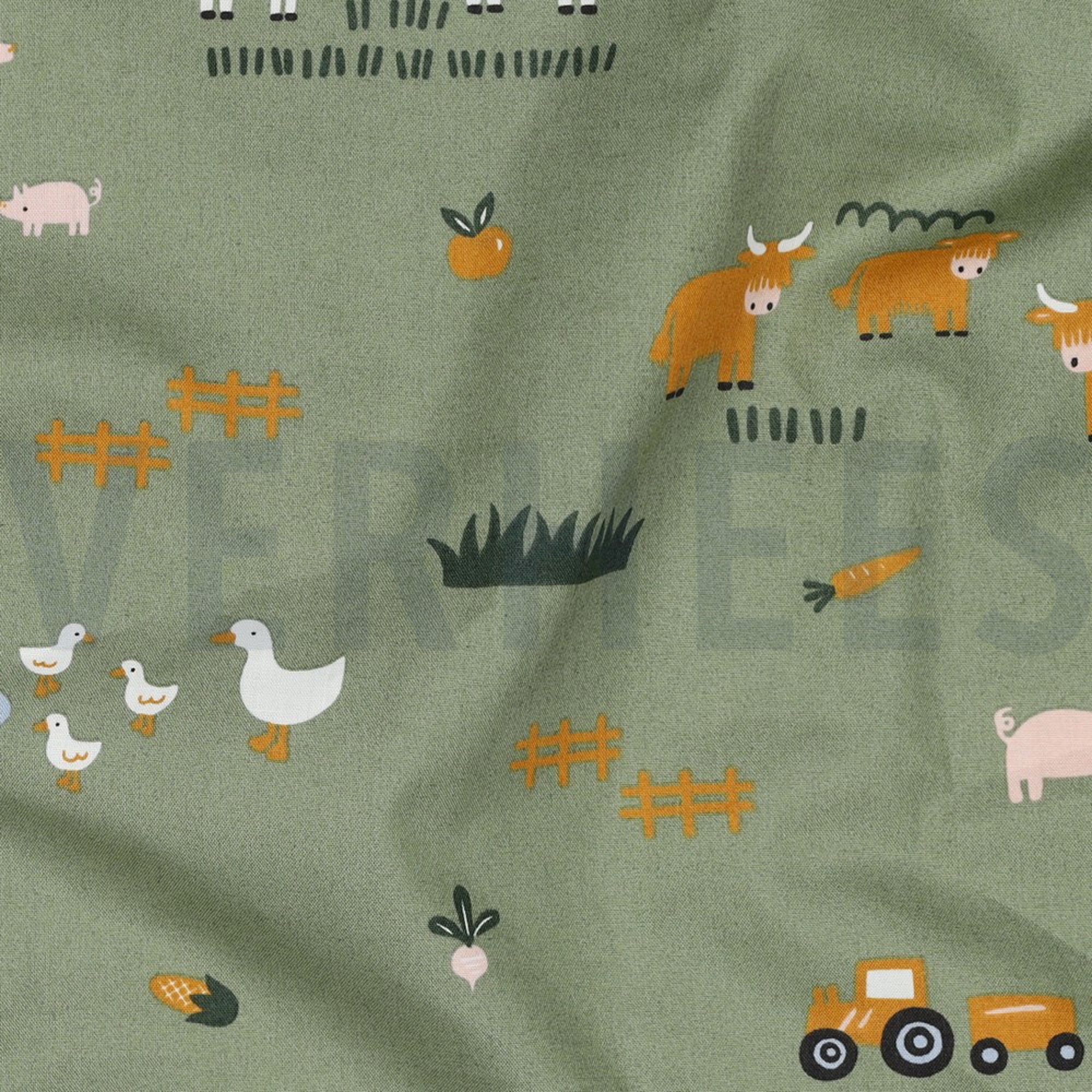 FINE POPLIN FARM ANIMALS ARMY GREEN (high resolution) #2