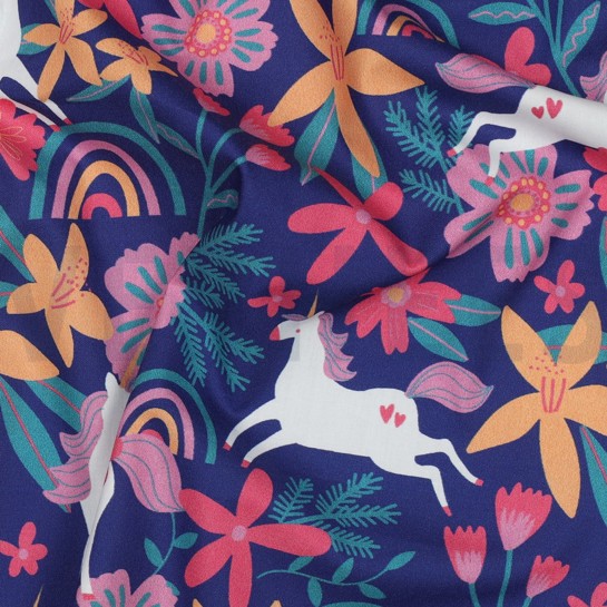 BAUMWOLLE POPELINE BLUMEN UND EINHÖRNER KOBALTBLAU #7