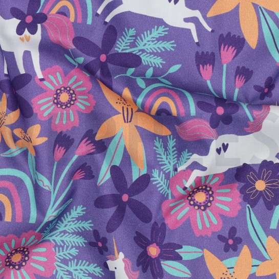 KATOENEN POPLIN BLOEMEN EN EENHOORNS LAVENDEL #7