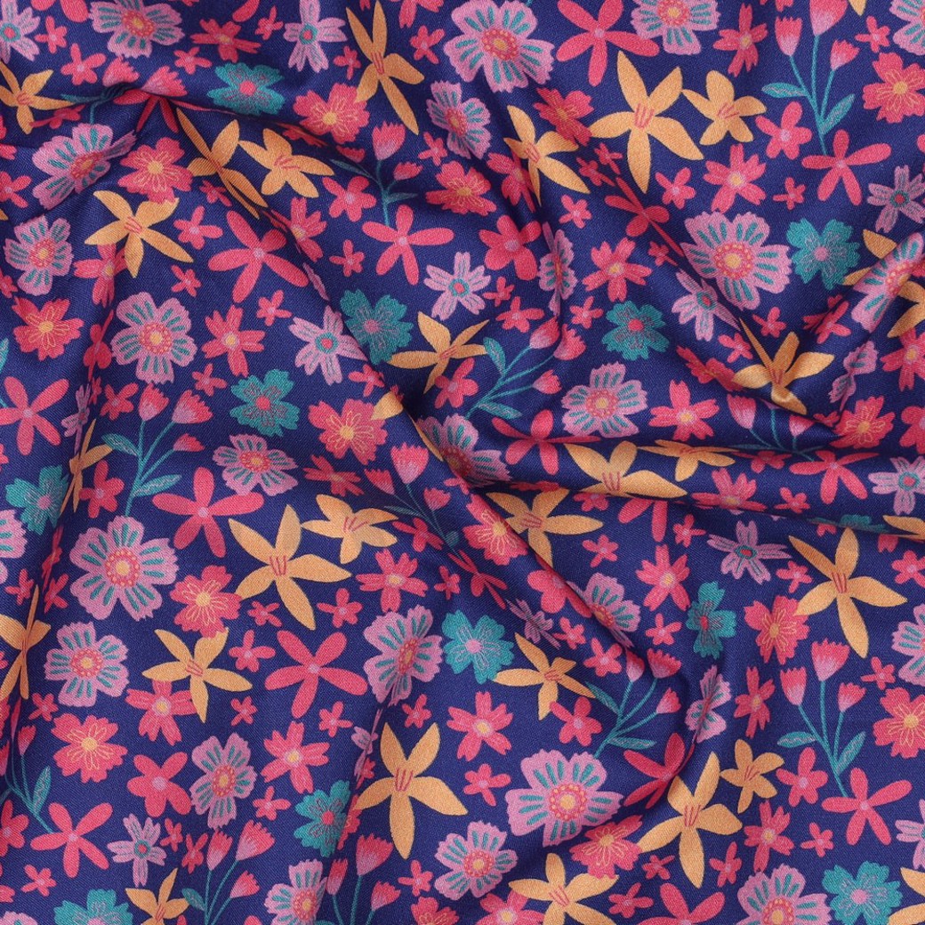 FINE POPLIN FLOWERS AND UNICORNS COBALT #2