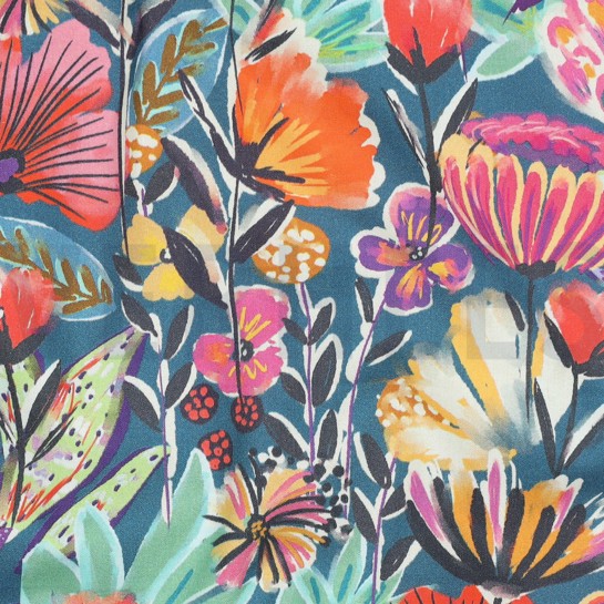 BAUMWOLLE POPELINE DIGITAL BLÜTEN PETROL #7