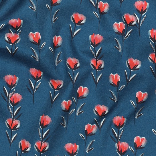 BAUMWOLLE POPELINE DIGITAL BLÜTEN PETROL #7