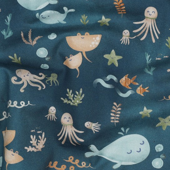 POPELINE DE COTON DIGITAL BALEINES PÉTROLE #7