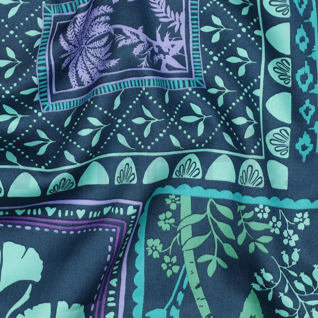 COTTON SATIN PATCHWORK FLOWERS PETROL #2