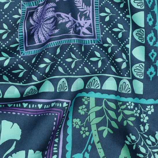 KATOEN SATIJN PATCHWORK BLOEMEN PETROL #7