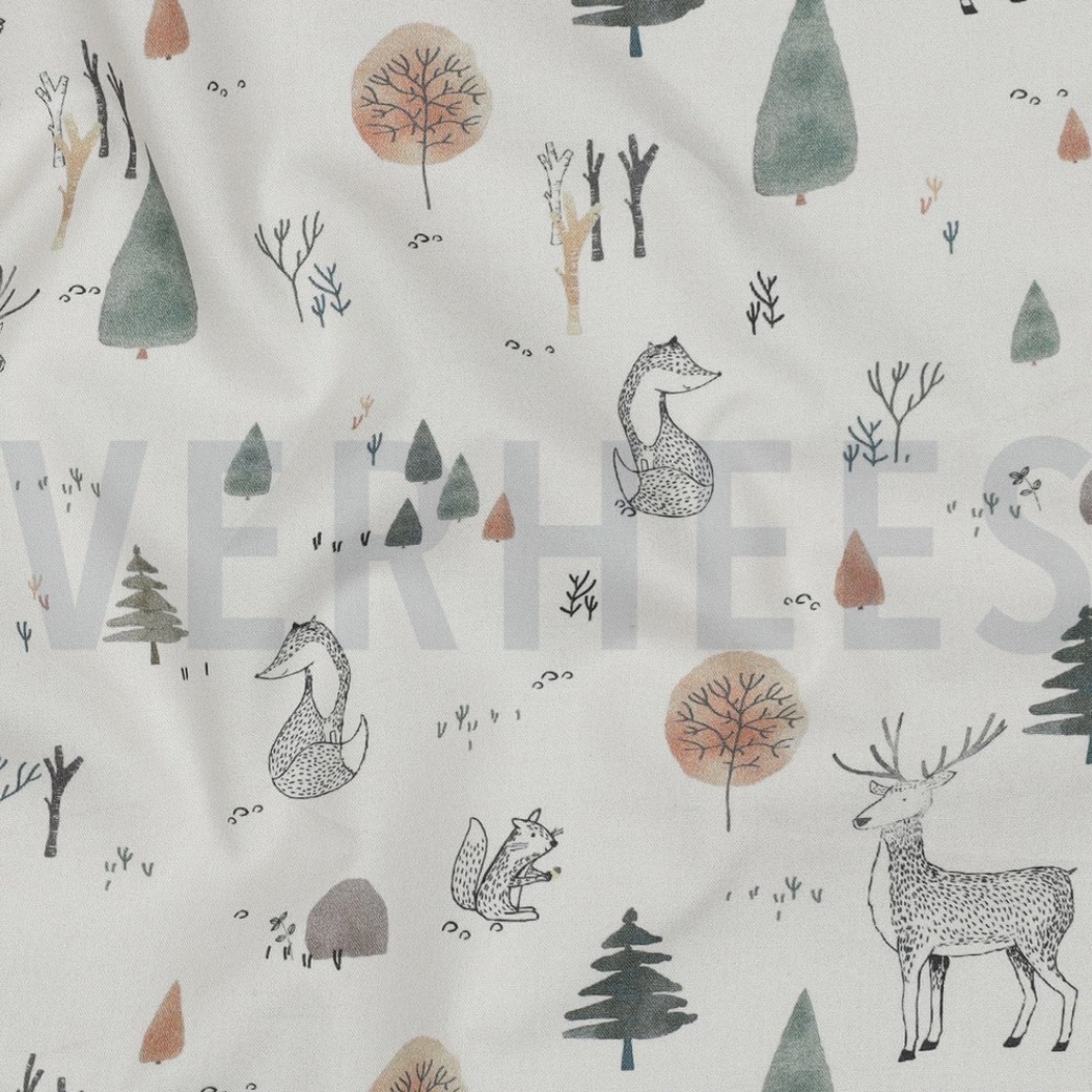FINE POPLIN DIGITAL FOREST ANIMALS OFF-WHITE #2