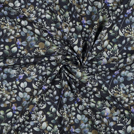 VISKOSE POPELINE STRETCH DIGITAL BLÄTTER MARINEBLAU #7