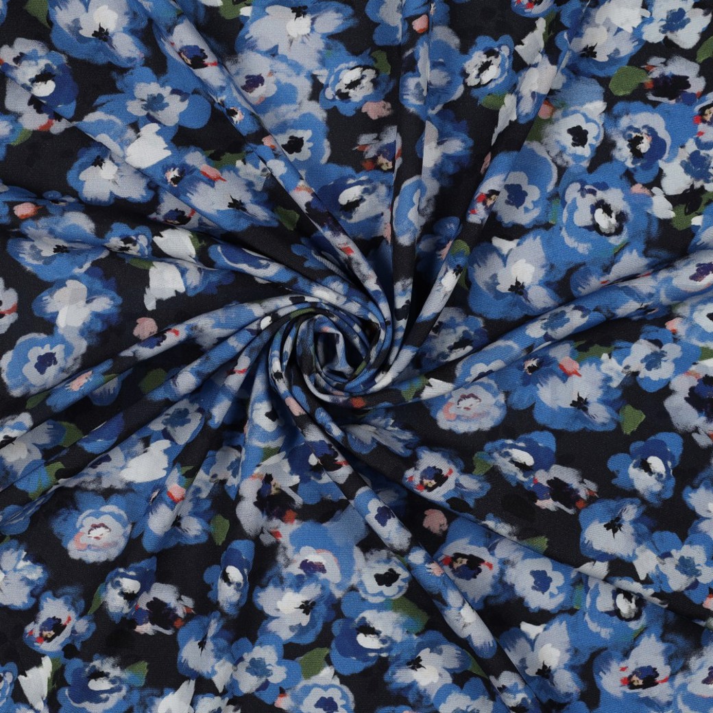 VISCOSE POPLIN STRETCH DIGITAL FLOWERS NAVY #2