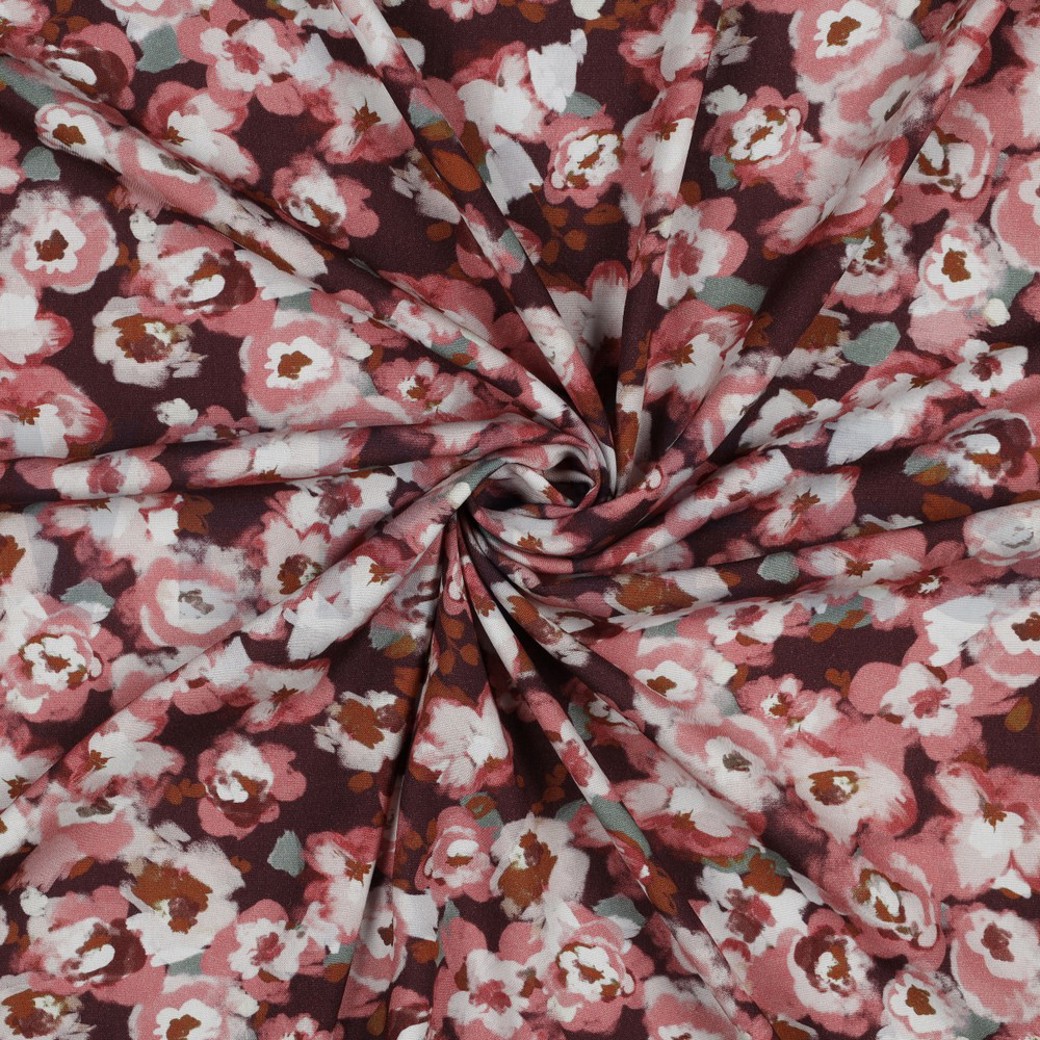 VISCOSE POPLIN STRETCH DIGITAL FLOWERS BORDEAUX #2