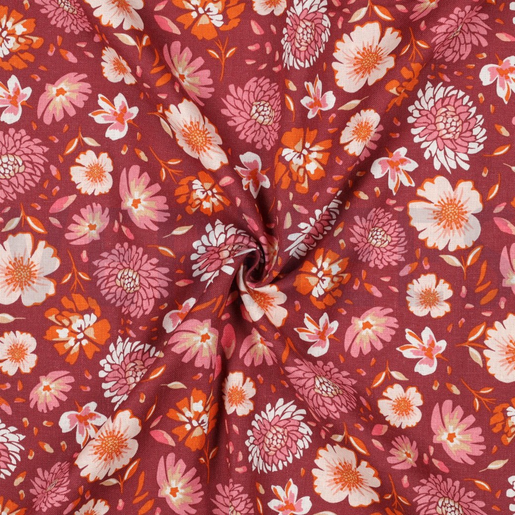 LINEN VISCOSE WASHED FLOWERS DARK CORAL #2
