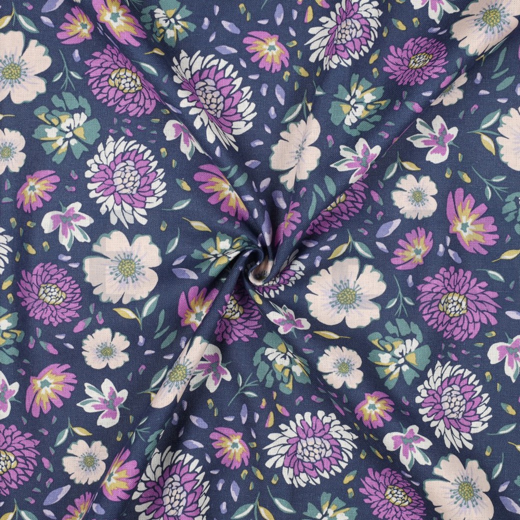 LINEN VISCOSE WASHED FLOWERS MARINE #2