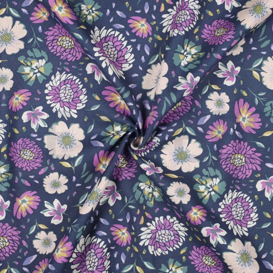 LEINEN VISKOSE GEWASCHEN BLUMEN MARINE #7