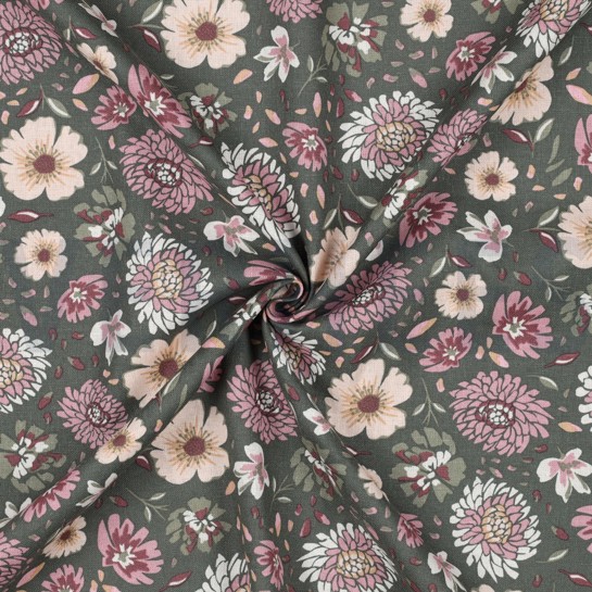 LINEN VISCOSE WASHED FLOWERS SEAWEED #7