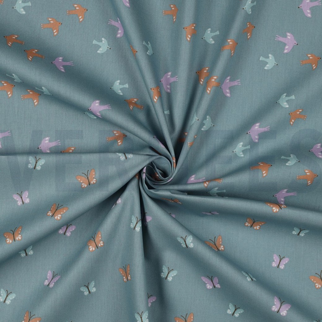 POPLIN GOTS BIRDS AND BUTTERFLIES DARK MINT #2