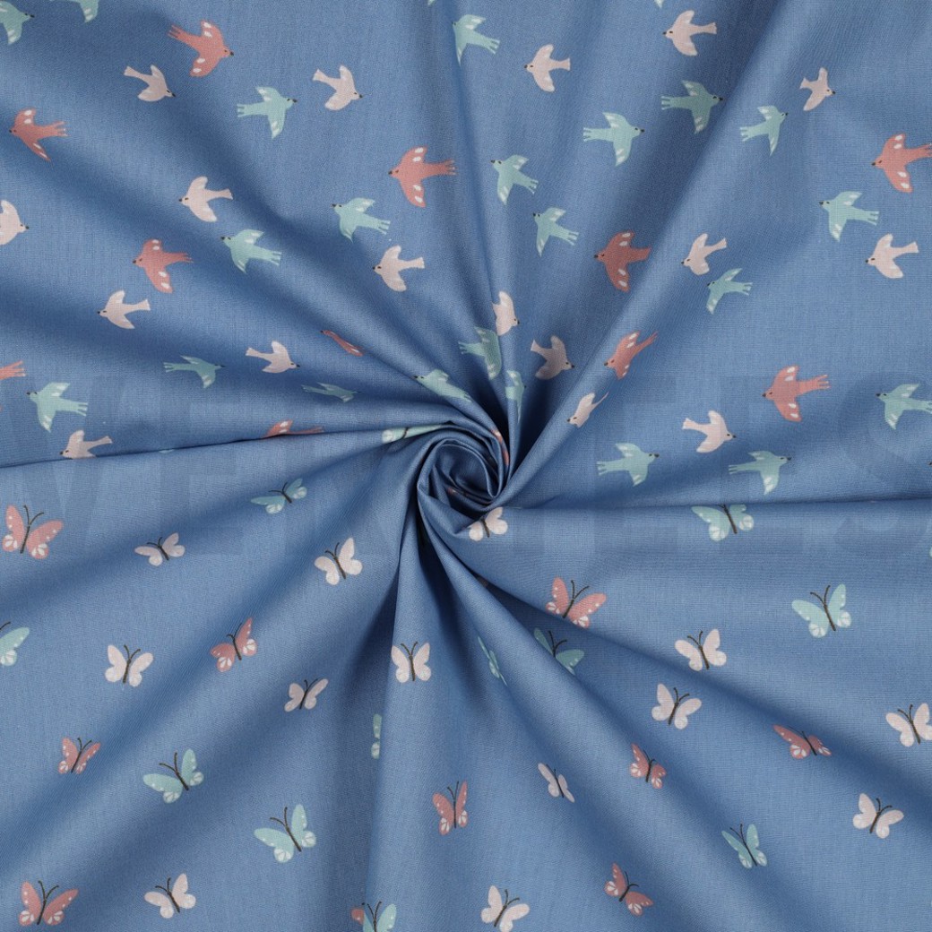 POPLIN GOTS BIRDS AND BUTTERFLIES BLUE #2