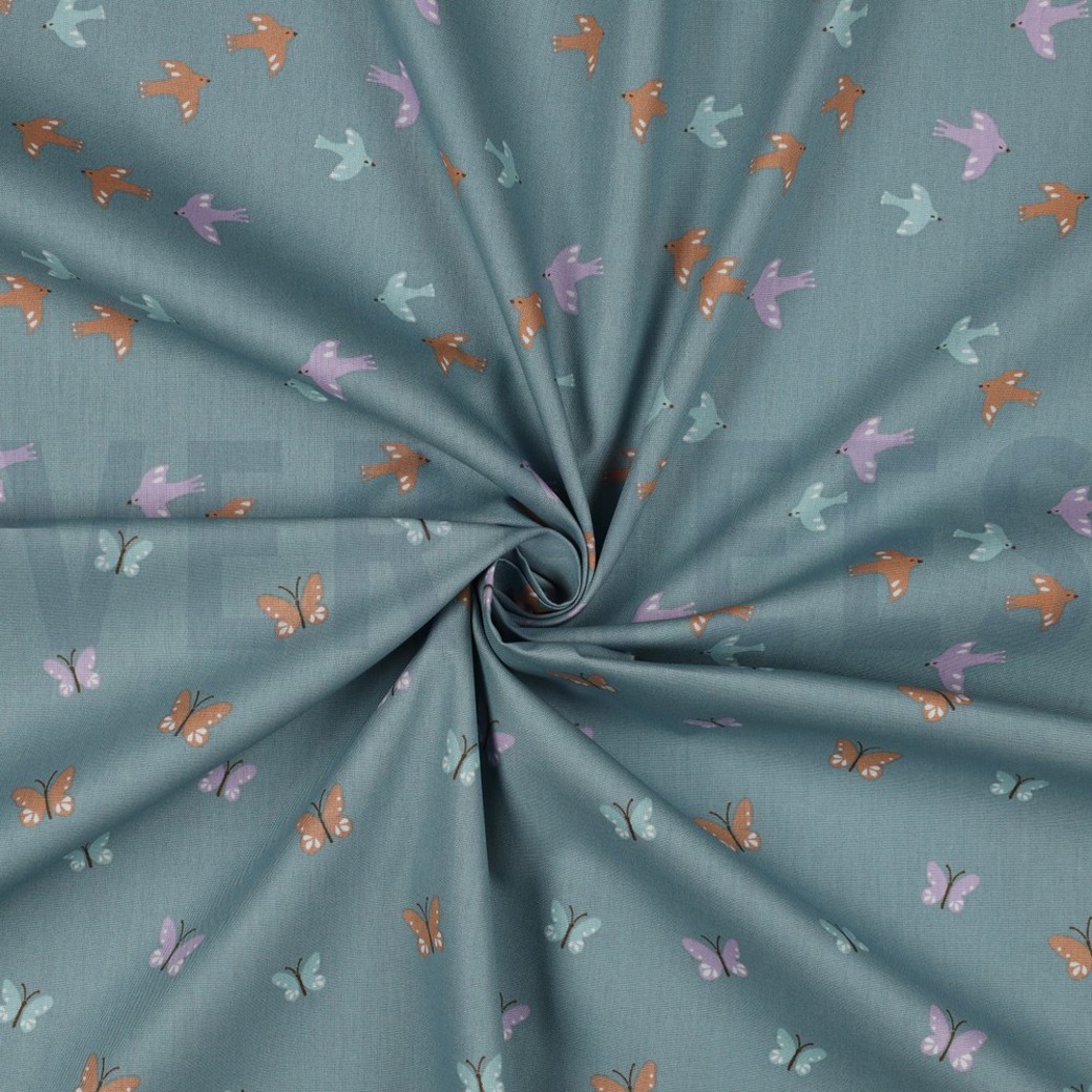 POPLIN GOTS BIRDS AND BUTTERFLIES DARK MINT #2