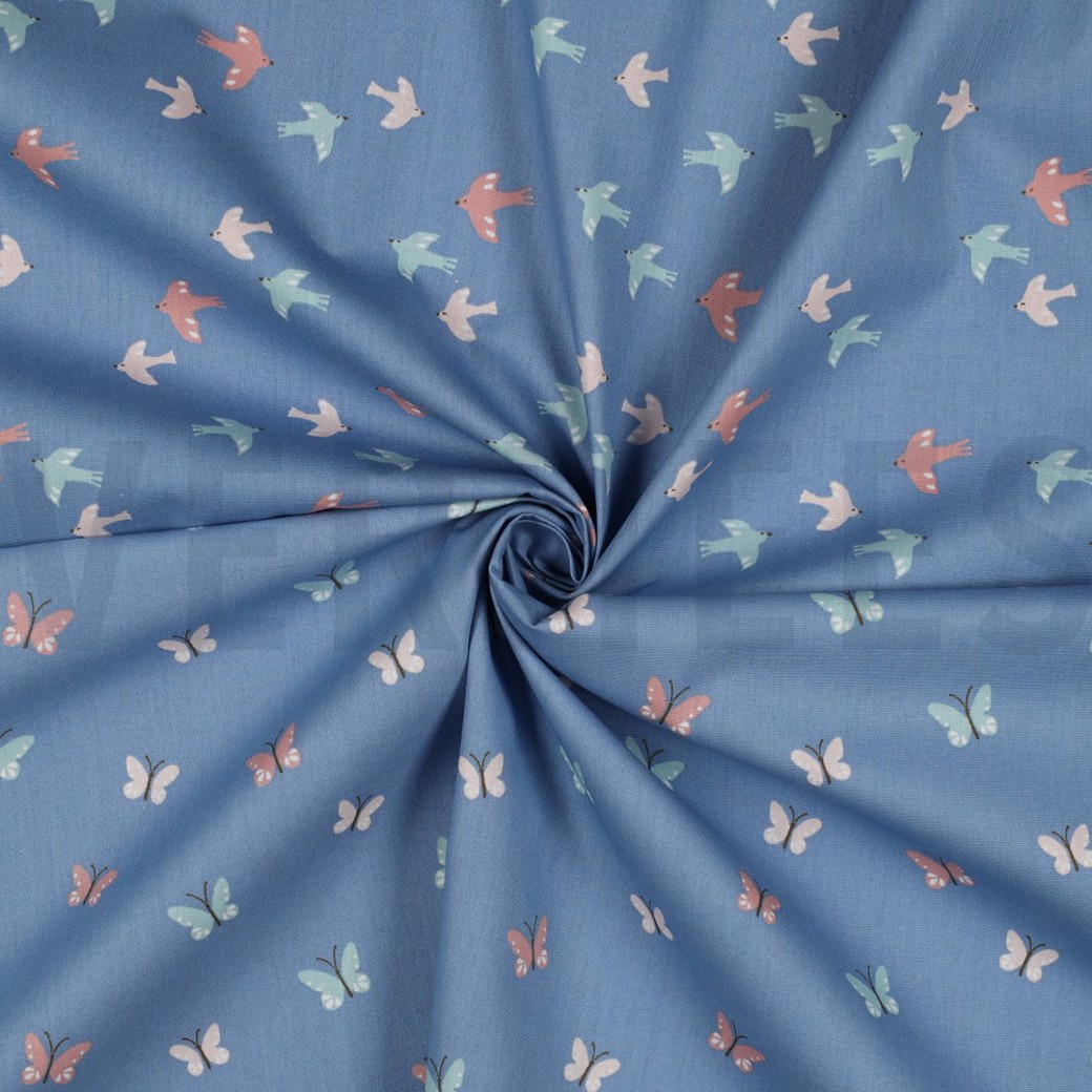 POPLIN GOTS BIRDS AND BUTTERFLIES BLUE #2