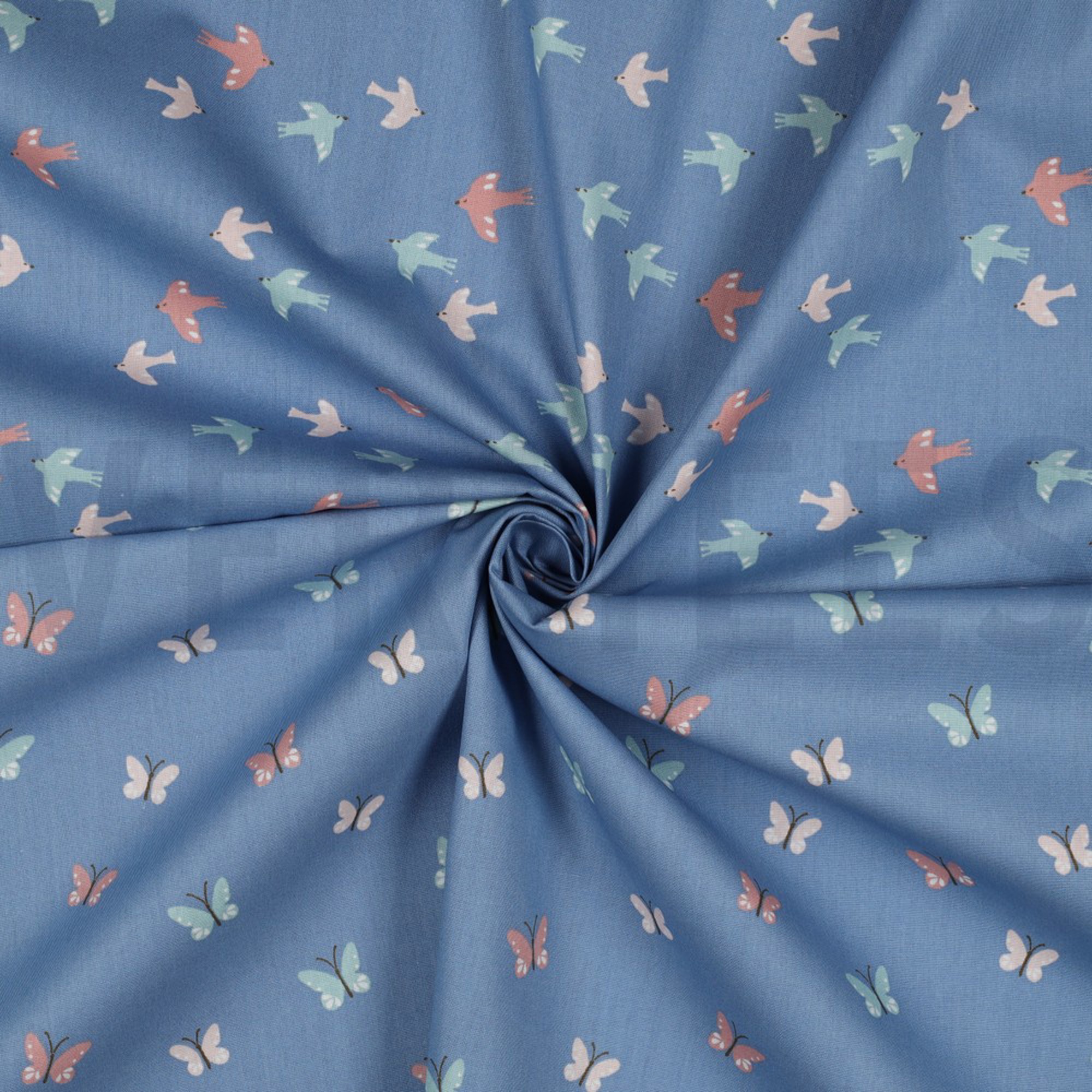 POPLIN GOTS BIRDS AND BUTTERFLIES BLUE (high resolution) #2