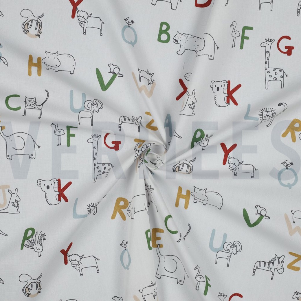 POPLIN GOTS ANIMAL ALPHABETH WHITE #2