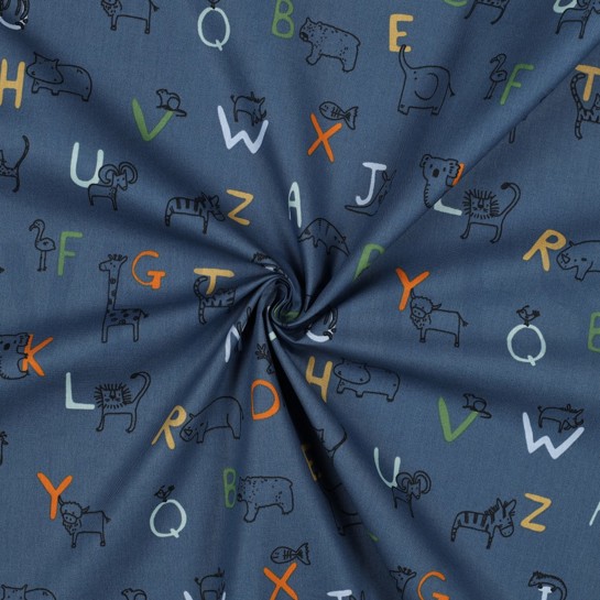 KATOENEN POPLIN GOTS DIERENALFABET BLAUW #7