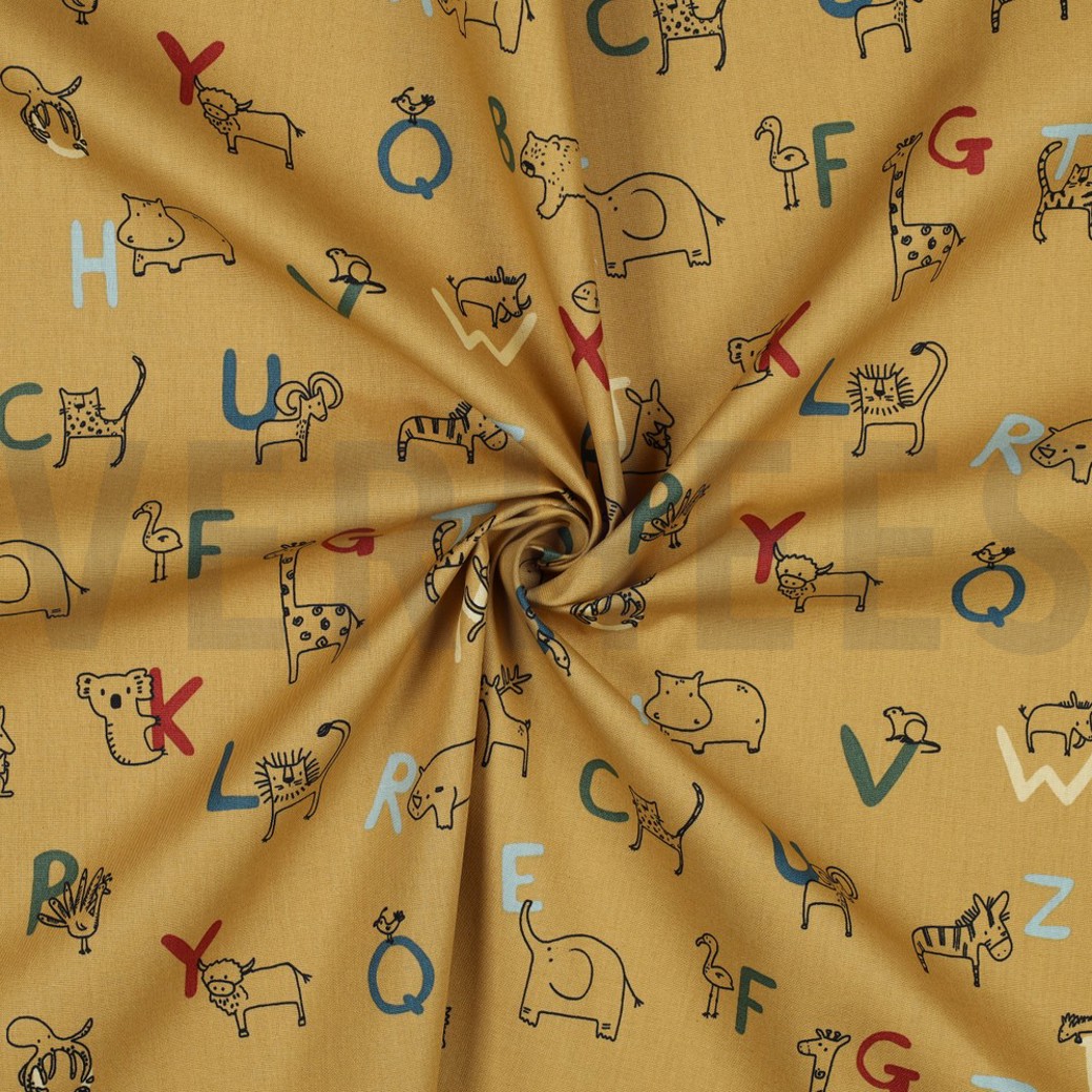 POPLIN GOTS ANIMAL ALPHABETH MUSTARD #2