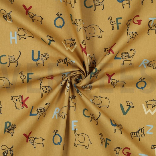 KATOENEN POPLIN GOTS DIERENALFABET MOSTERDGEEL #7