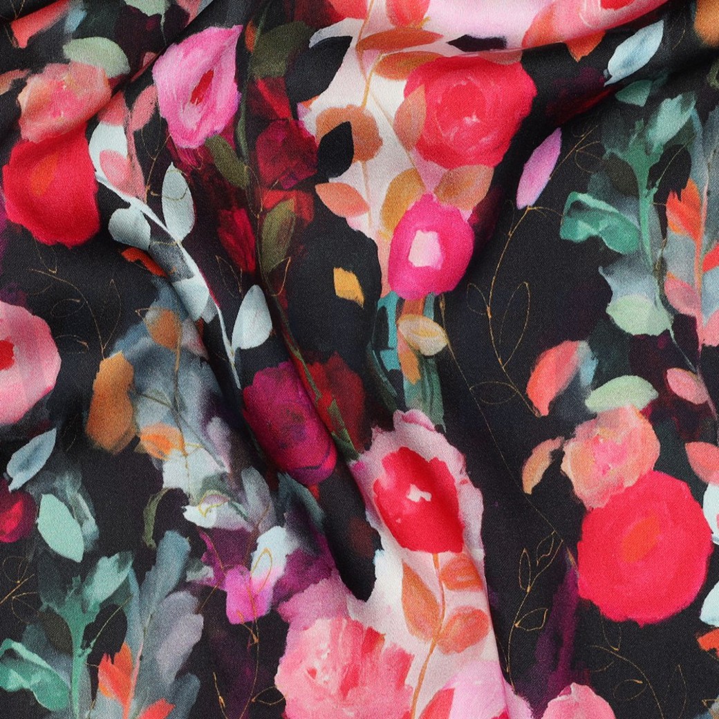 VISCOSE SATIN DIGITAL FLOWERS BLACK #2