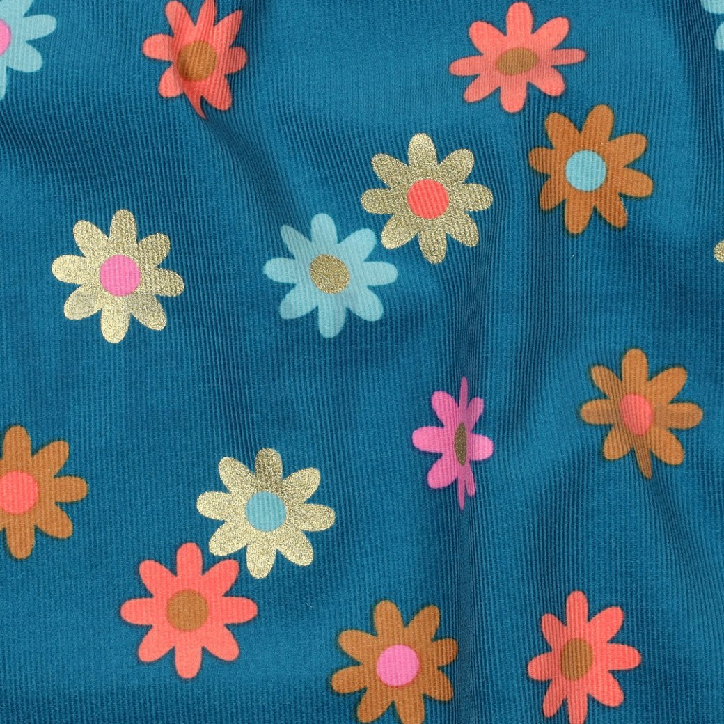 BABYCORD FOIL FLOWERS PETROL #2