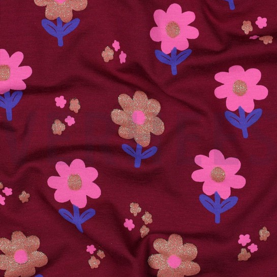 JERSEY GLITTER FLOWERS BORDEAUX #7