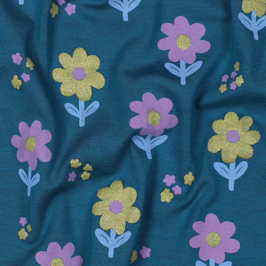 JERSEY GLITTER FLOWERS PETROL #2