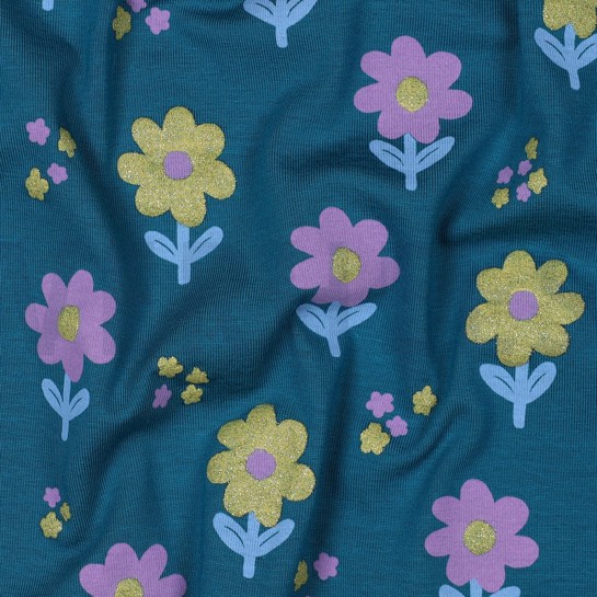 JERSEY GLITTER FLOWERS PETROL #7