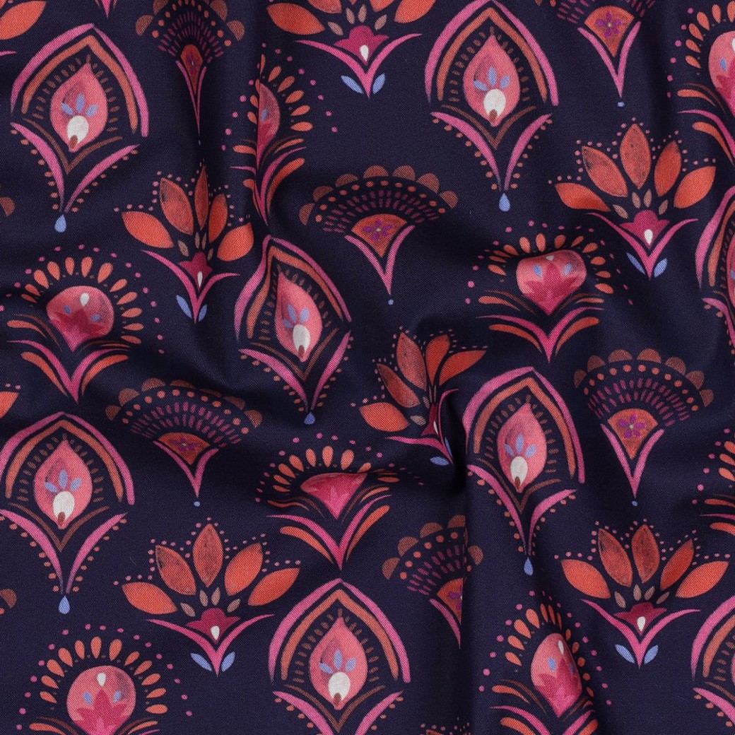 FINE POPLIN DIGITAL FLOWERS NAVY #2