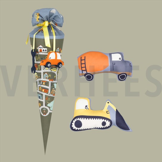 POPELINE DE COTON DIGITAL SCHULTÜTE VOITURES PANNEAU BLEU #7