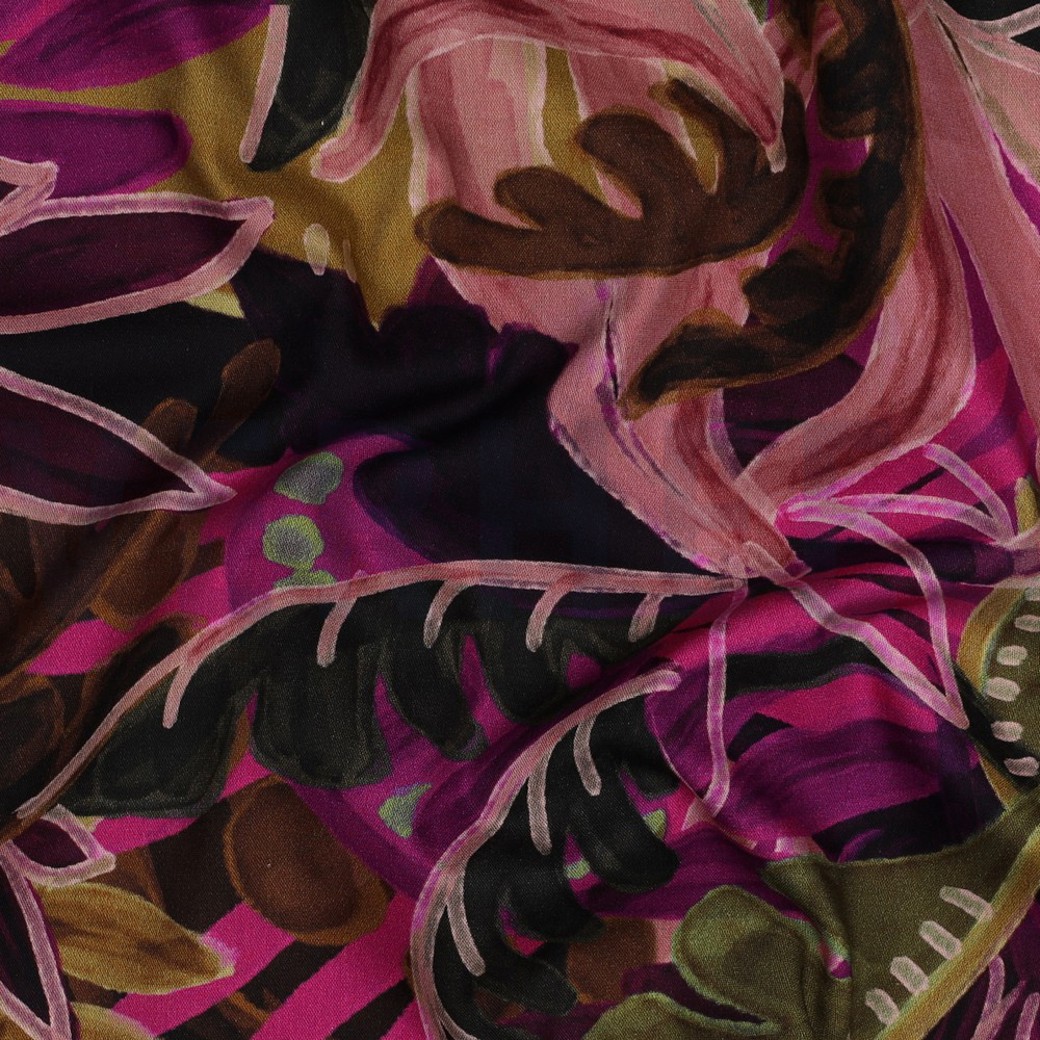 COTTON VISCOSE DIGITAL LEAVES PINK/ OCHRE #2